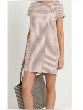 Madewell brown white striped linen blend mini dress with button back size small